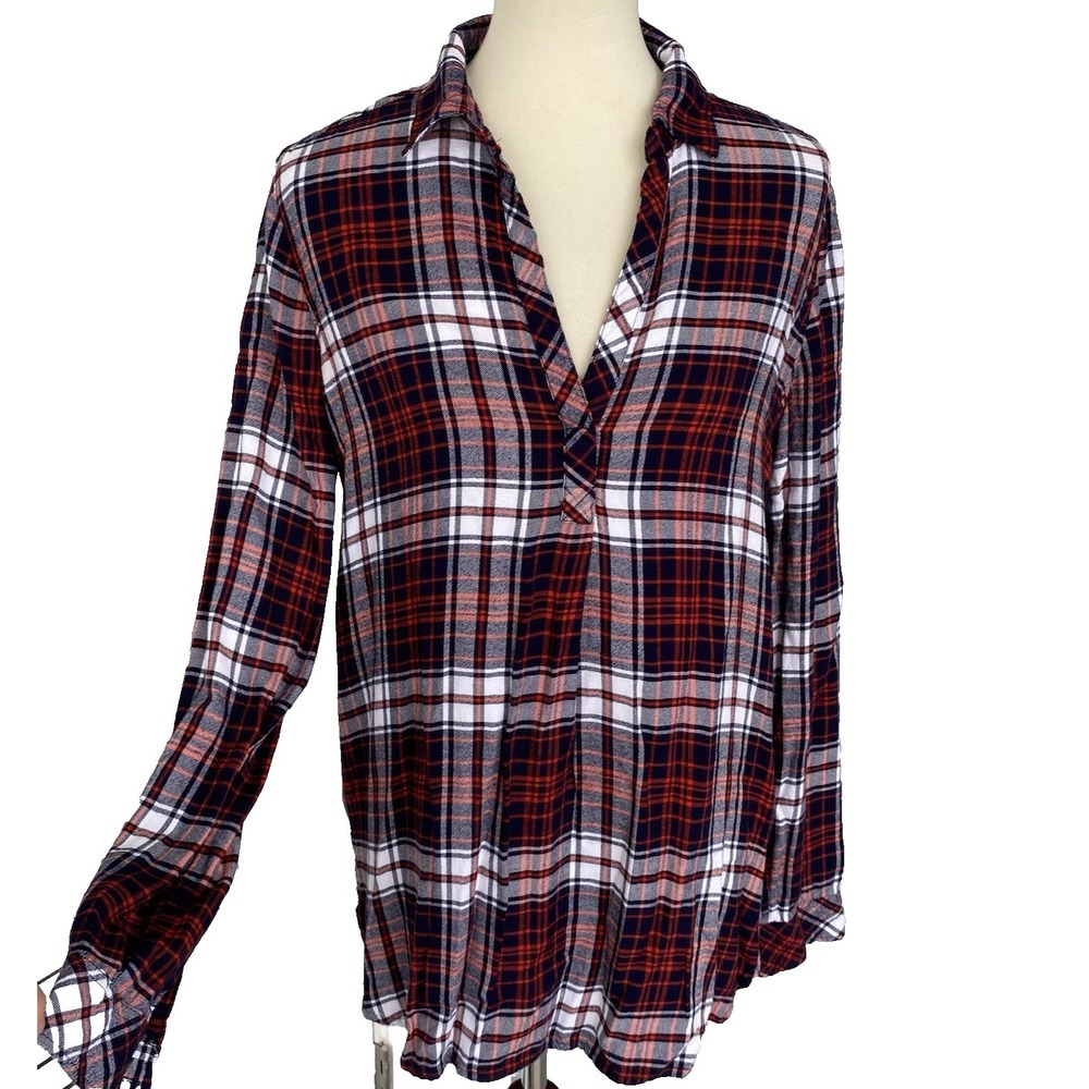 Gap Women Shirt S Top Blouse Plaid Flannel V-Neck Collared Long Sleeve Red Black